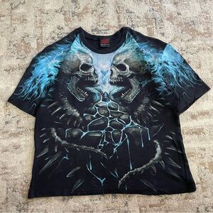 Vintage Y2K Flaming Spine Allover Print T-Shirt Black/Blue sz Large